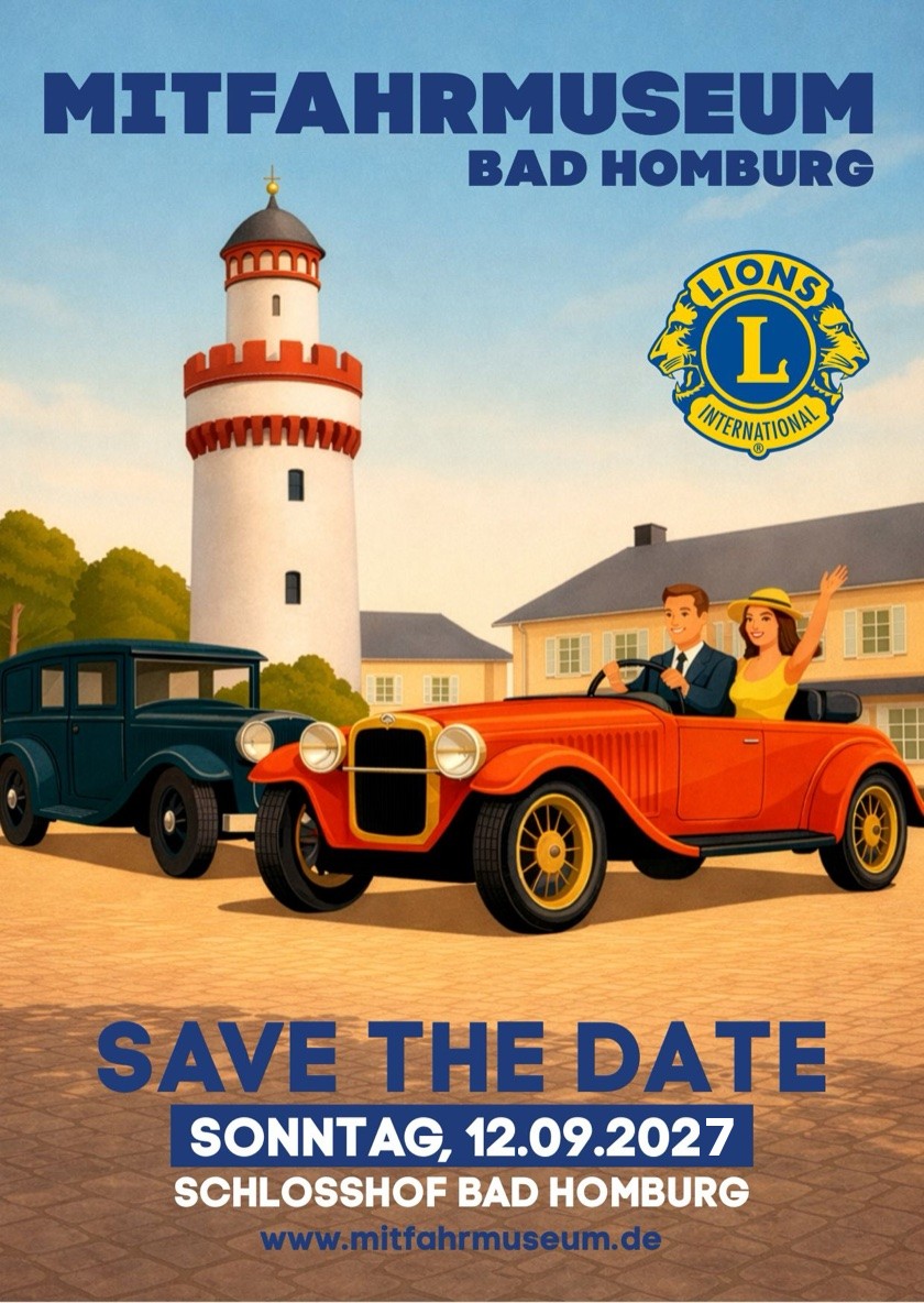 Mitfahrmuseum Plakat – Oldtimer vor dem Weißen Turm in Bad Homburg, Save the Date Sonntag 12.09.2027